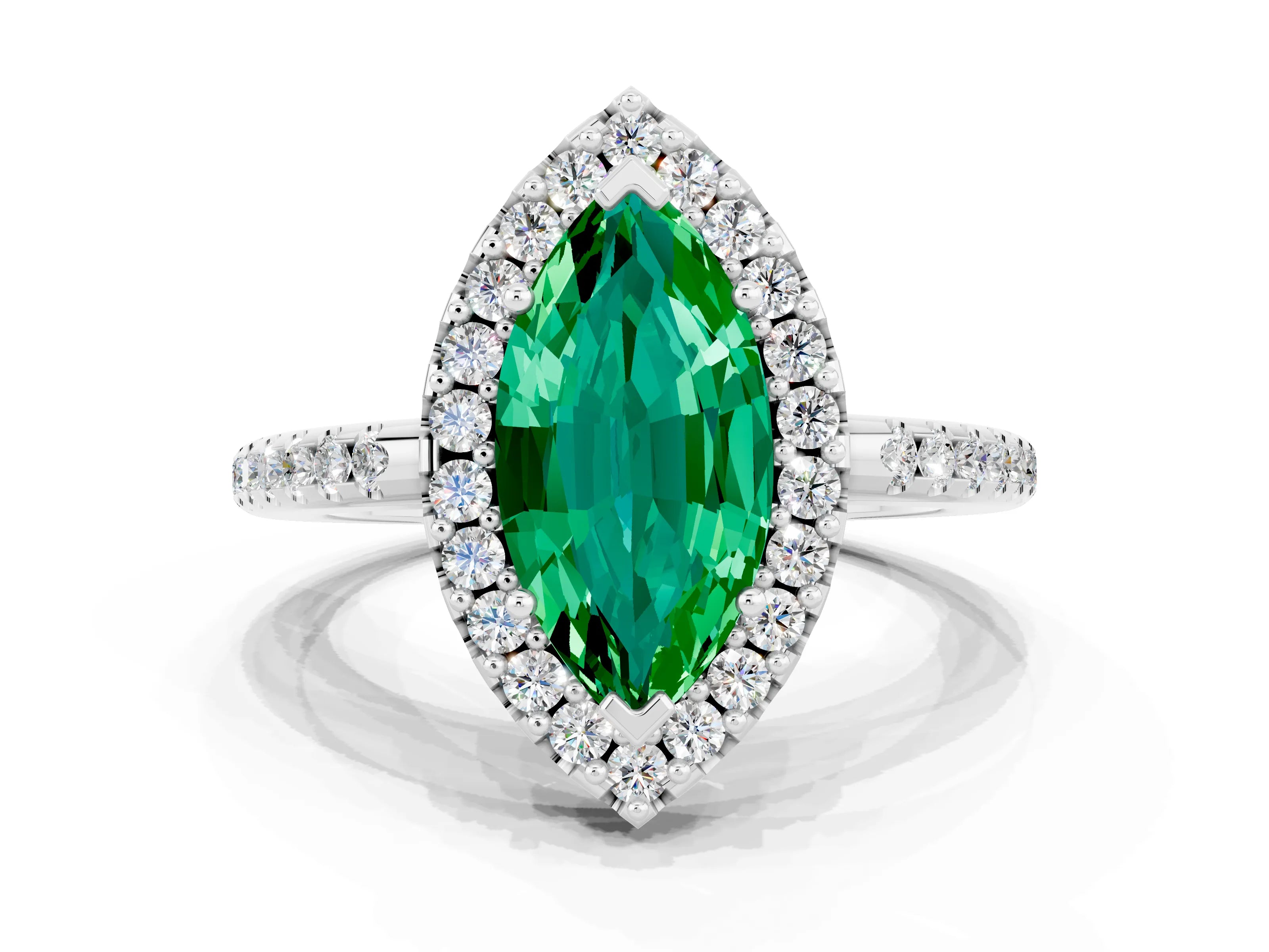 White gold Marquise Cut Emerald Pavé Halo Ring with Four-Prong Setting_12