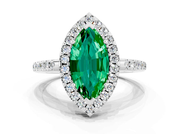 White gold Marquise Cut Emerald Pavé Halo Ring with Four-Prong Setting