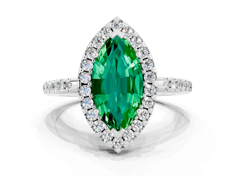 White gold Marquise Cut Emerald Pavé Halo Ring with Four-Prong Setting_12