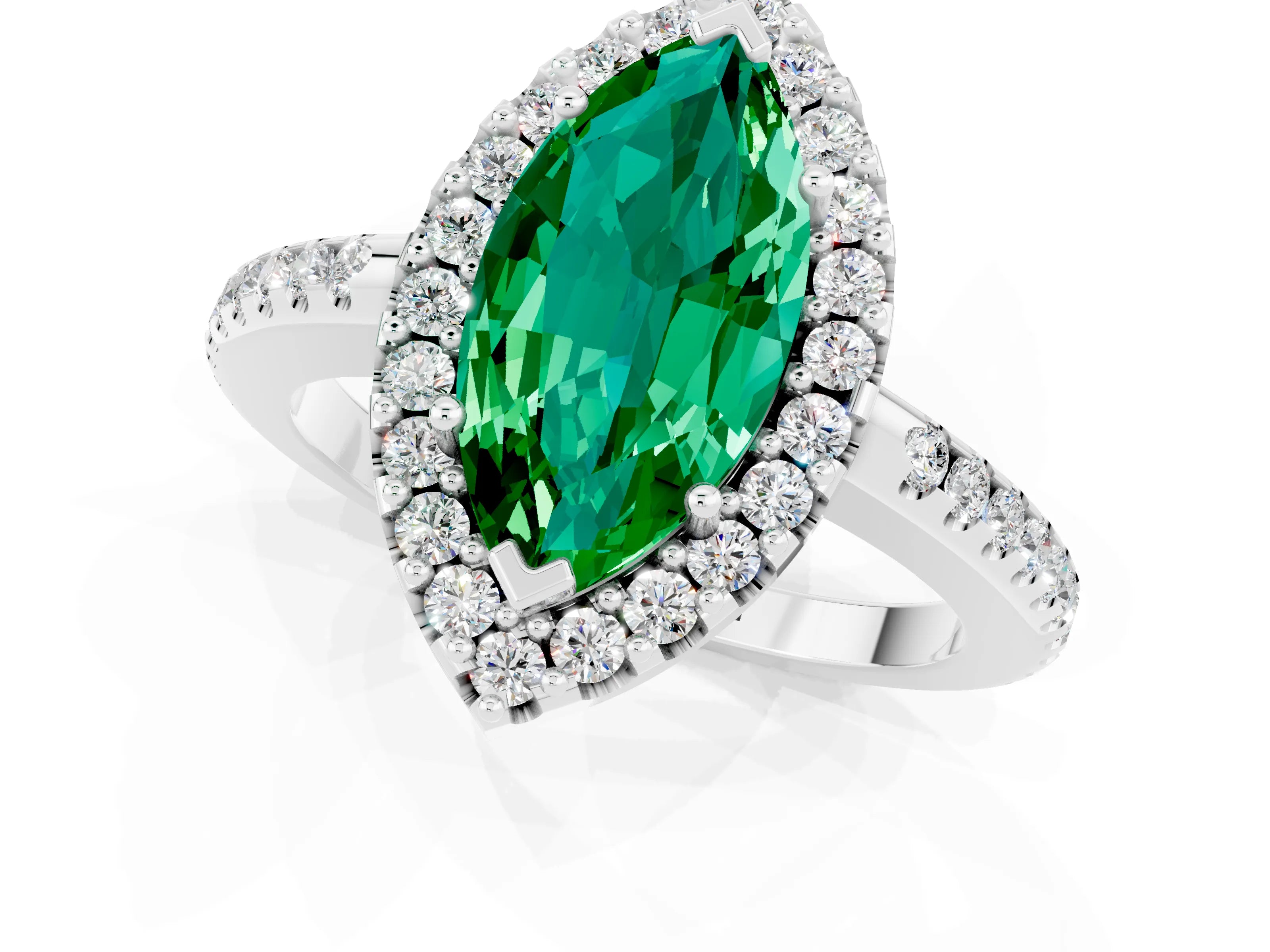 White gold Marquise Cut Emerald Pavé Halo Ring with Four-Prong Setting_13