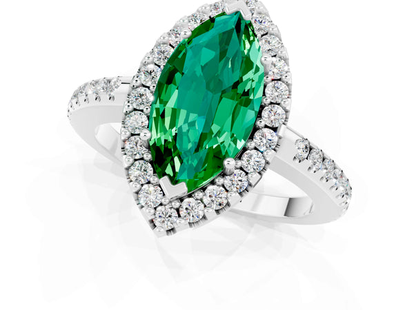 Platinum Marquise Cut Emerald Pavé Halo Ring with Four-Prong Setting