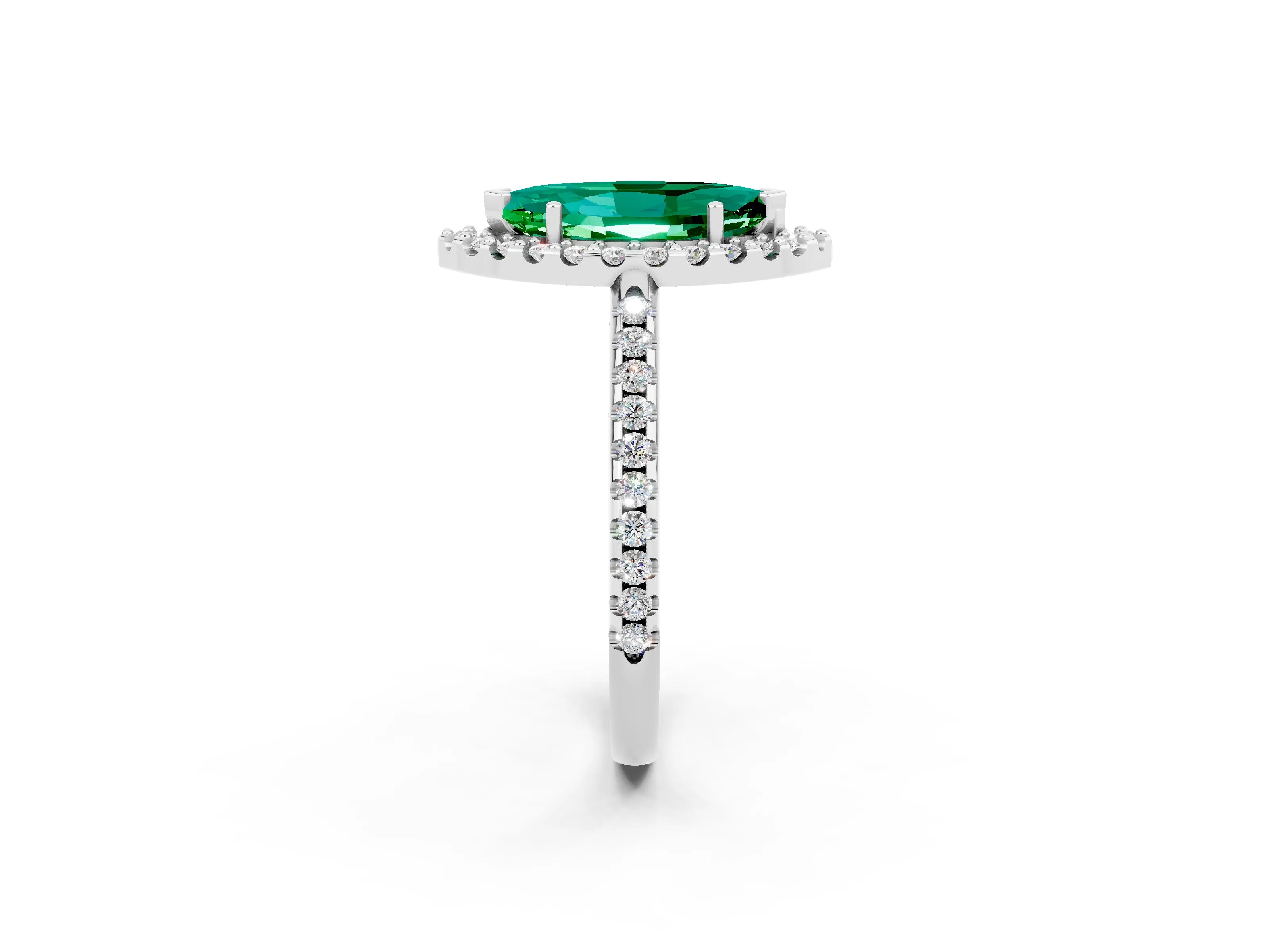 White gold Marquise Cut Emerald Pavé Halo Ring with Four-Prong Setting_14