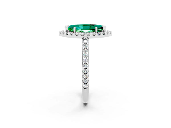 White gold Marquise Cut Emerald Pavé Halo Ring with Four-Prong Setting