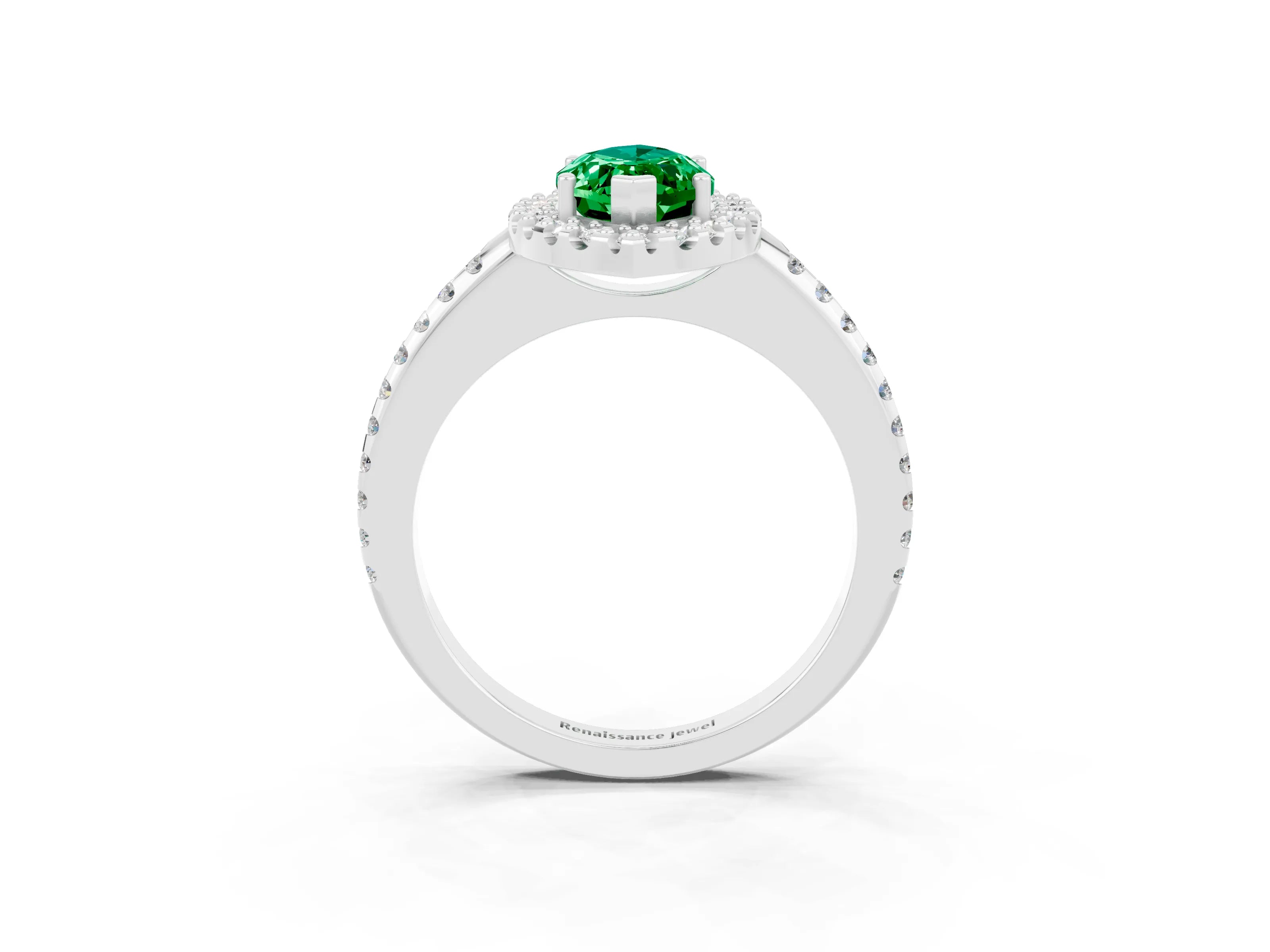 White gold Marquise Cut Emerald Pavé Halo Ring with Four-Prong Setting_15