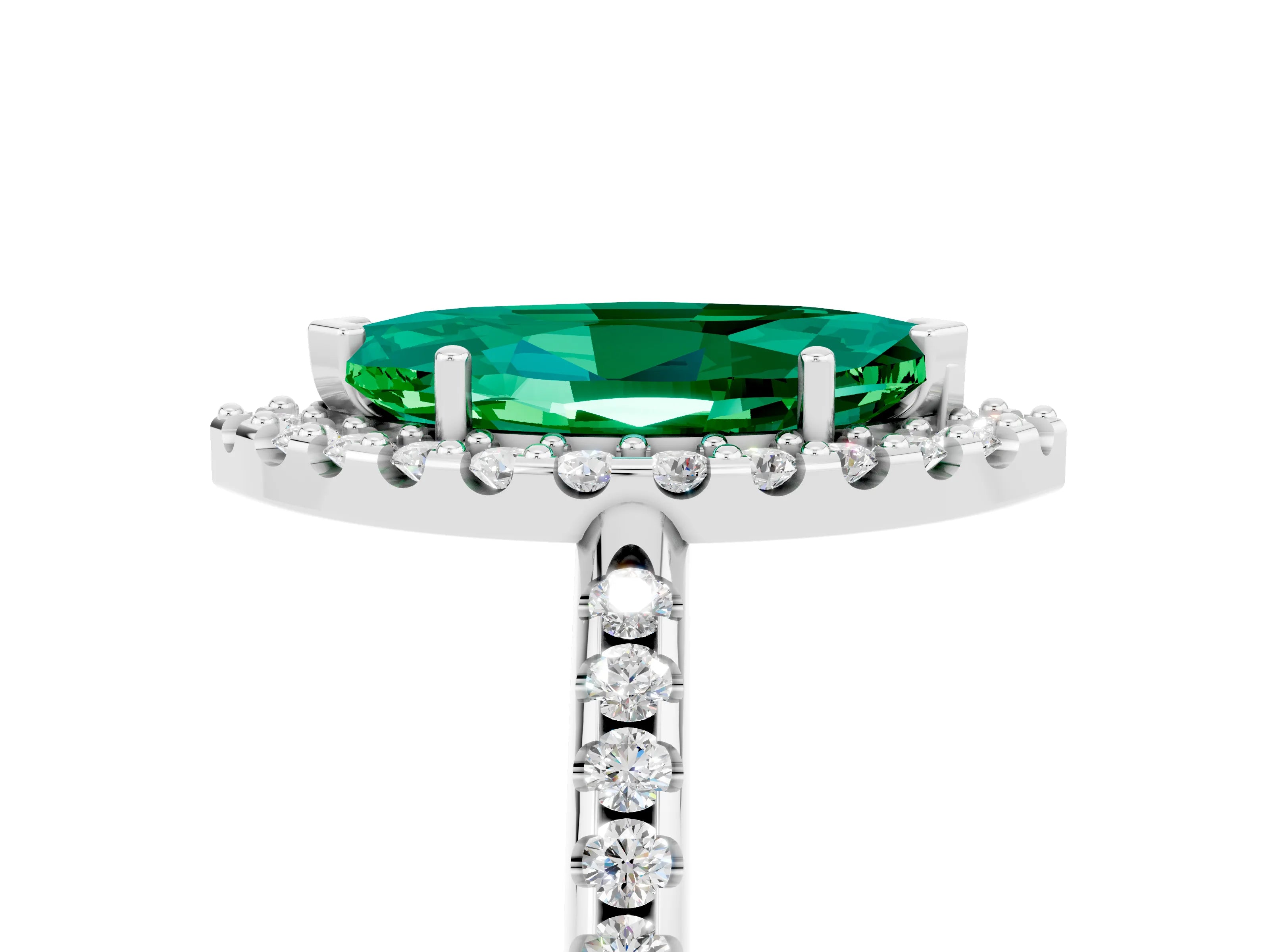 White gold Marquise Cut Emerald Pavé Halo Ring with Four-Prong Setting_17