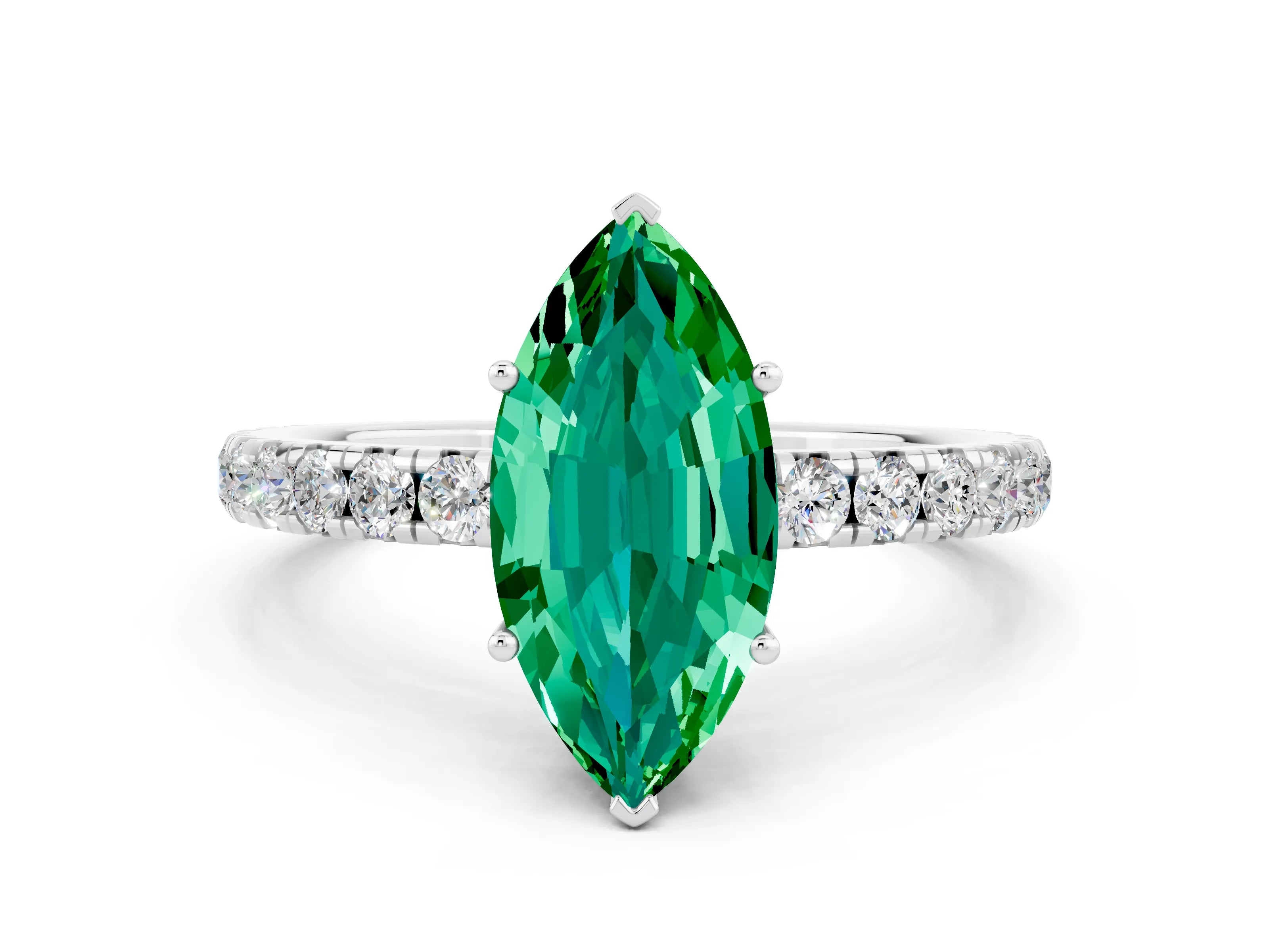 White gold Marquise Cut Emerald Pavé Solitaire Engagement Ring with Four-Prong Setting_12