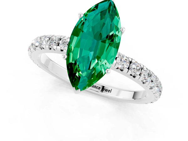 Platinum Marquise Cut Emerald Pavé Solitaire Engagement Ring with Four-Prong Setting