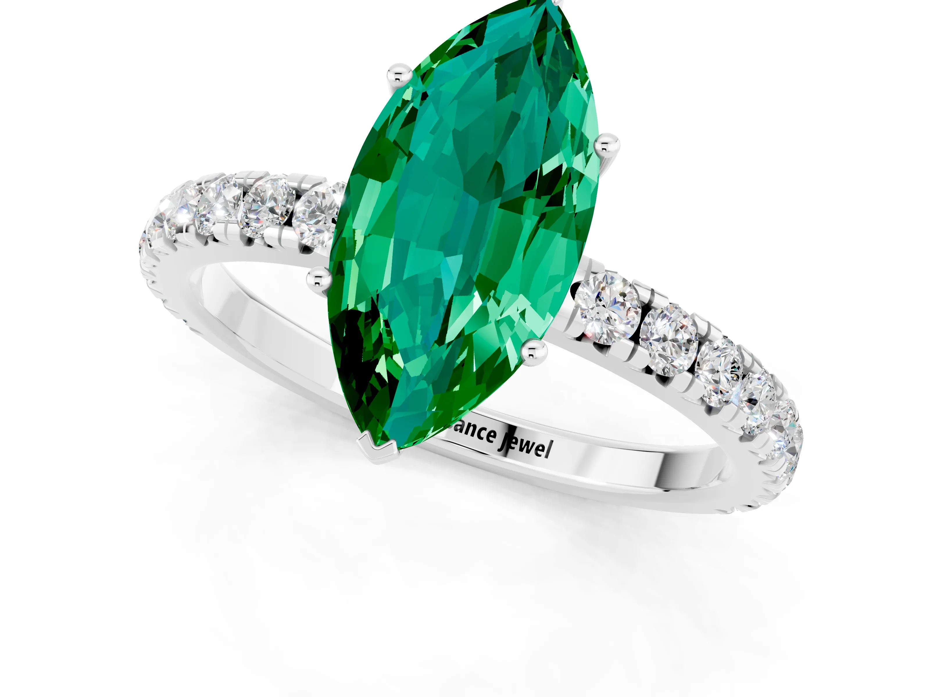 White gold Marquise Cut Emerald Pavé Solitaire Engagement Ring with Four-Prong Setting_13