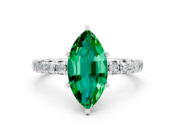 White gold Marquise Cut Emerald Pavé Solitaire Ring with Round Band and Prong Setting