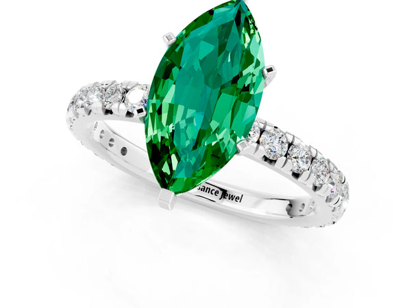 Platinum Marquise Cut Emerald Pavé Solitaire Ring with Round Band and Prong Setting
