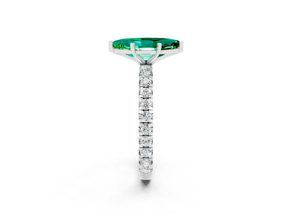 Platinum Marquise Cut Emerald Pavé Solitaire Ring with Round Band and Prong Setting