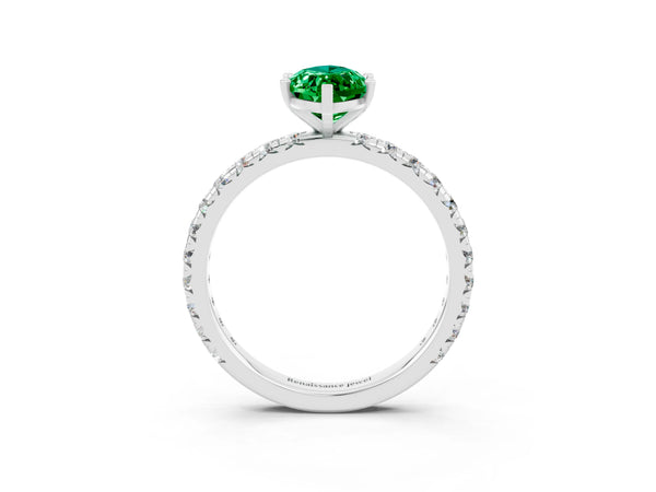 White gold Marquise Cut Emerald Pavé Solitaire Ring with Round Band and Prong Setting