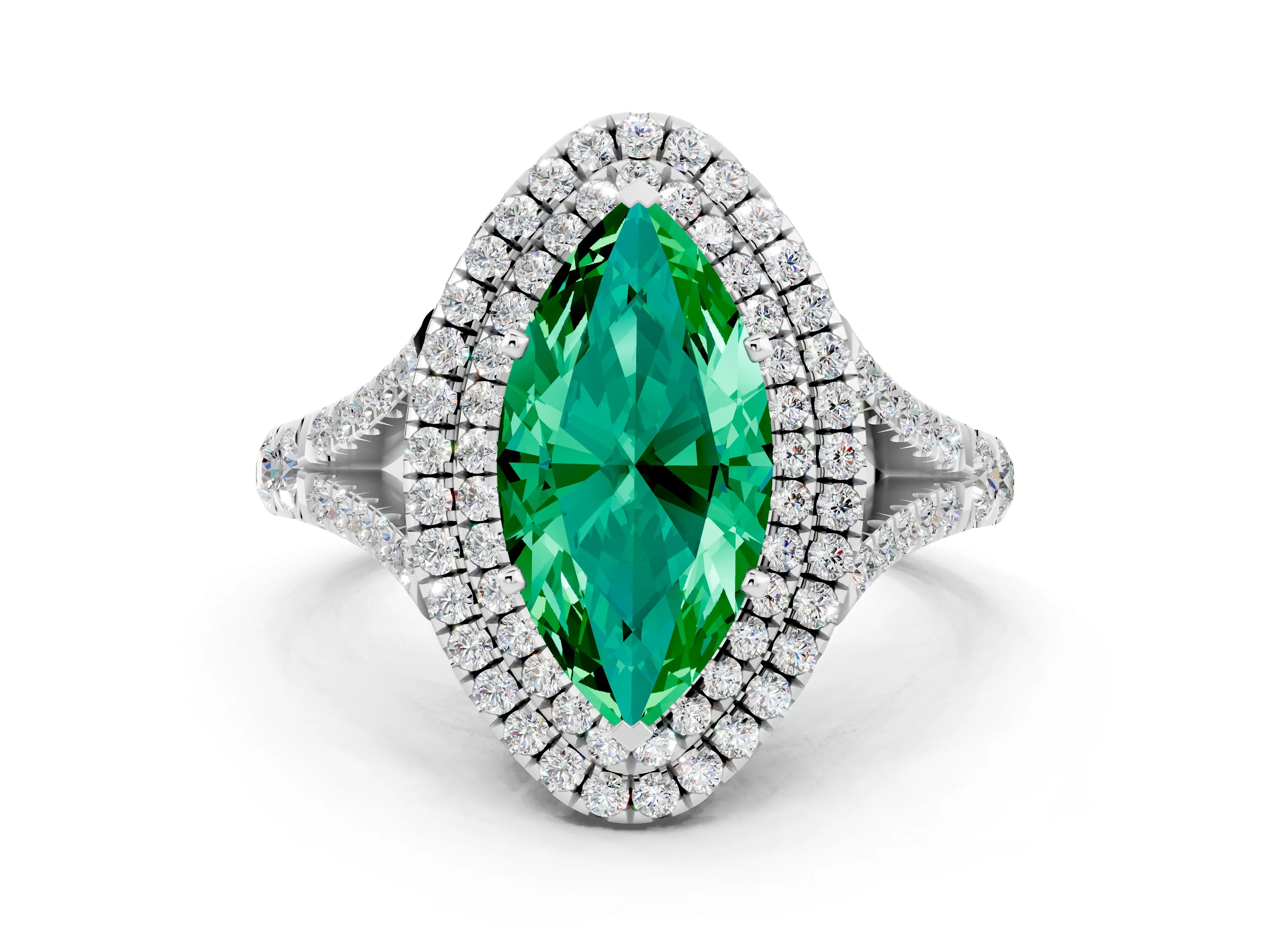 White gold Marquise Cut Emerald Pavé Split Shank Double Halo Engagement Ring_12