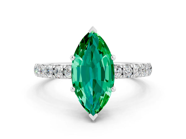 Silver Marquise Cut Emerald Pave Band Solitaire Ring with Round  and Prong Setting