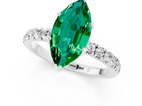 Platinum Marquise Cut Emerald Pave Band Solitaire Ring with Round  and Prong Setting