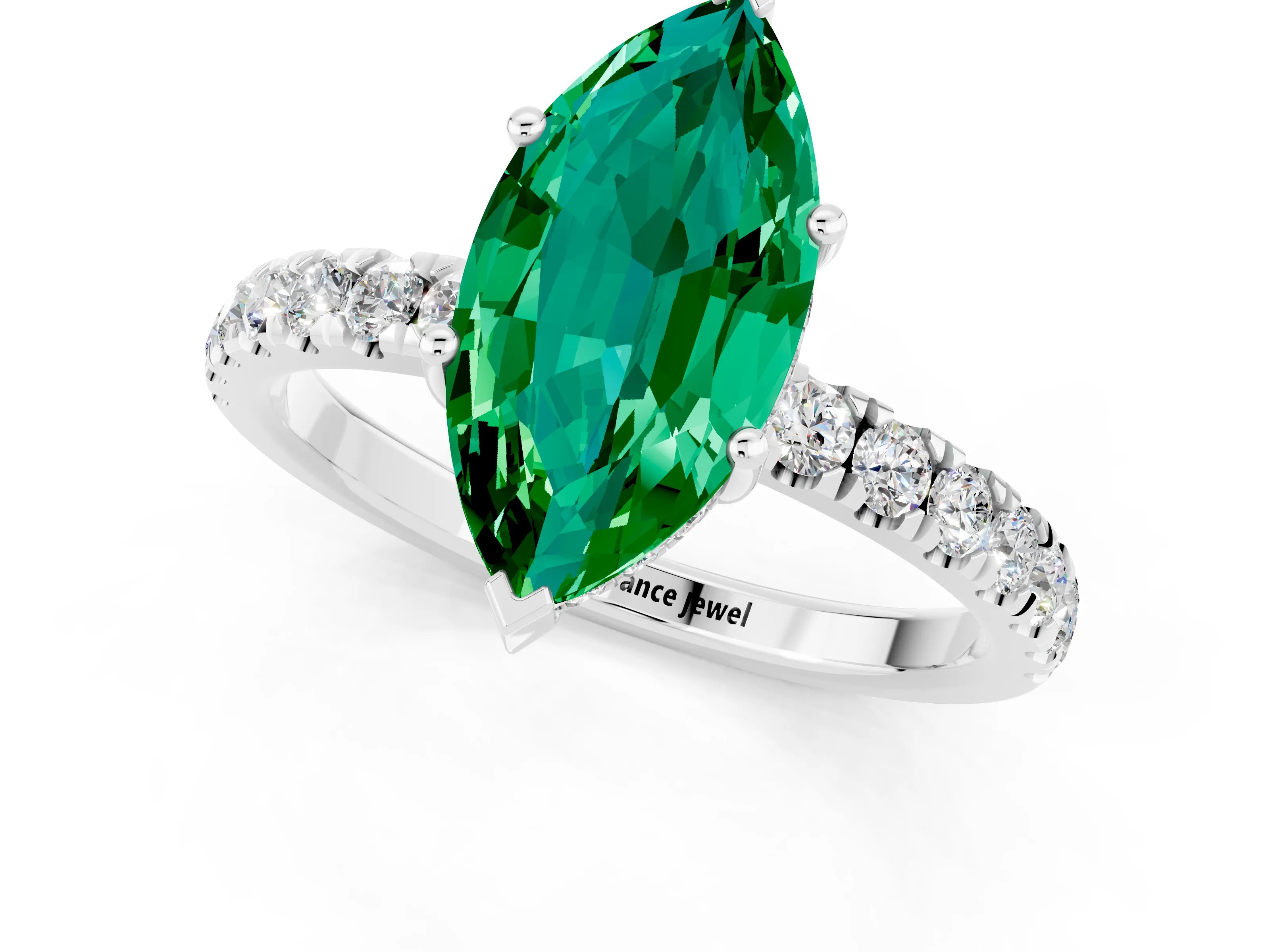 White gold Marquise Cut Emerald Pave Band Solitaire Ring with Four-Prong Setting_25