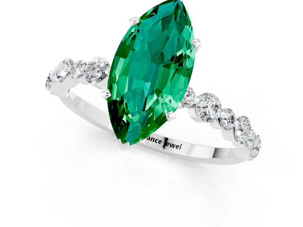 Silver Marquise Cut Emerald Prong Set Engagement Ring with Pavé Band