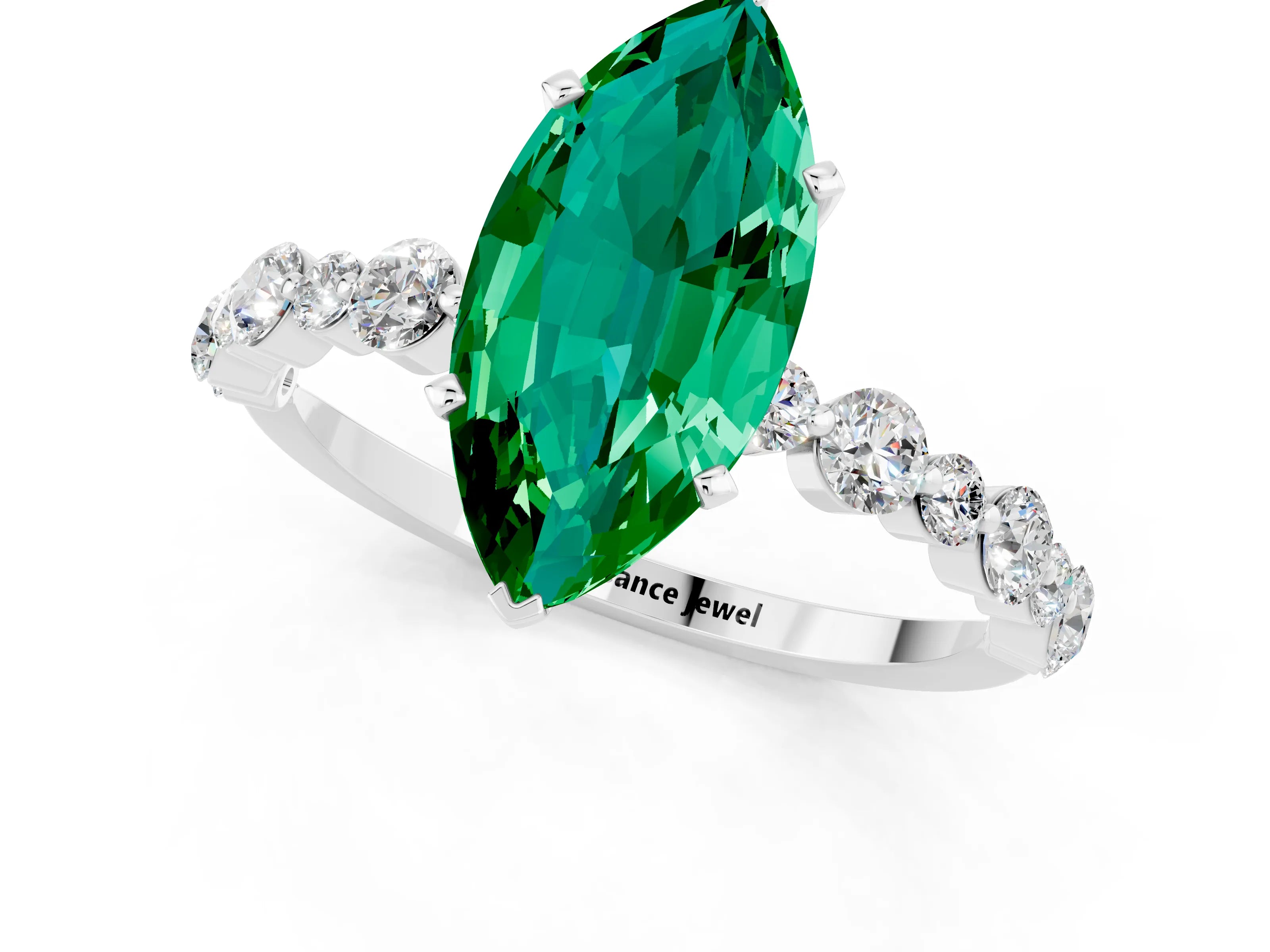 White gold Marquise Cut Emerald Prong Set Engagement Ring with Pavé Band_1