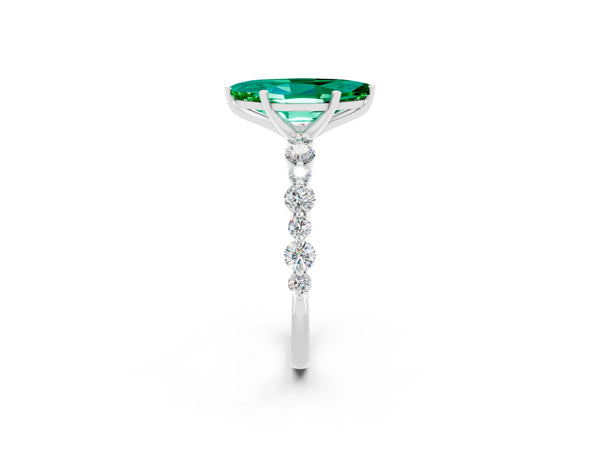 Silver Marquise Cut Emerald Prong Set Engagement Ring with Pavé Band