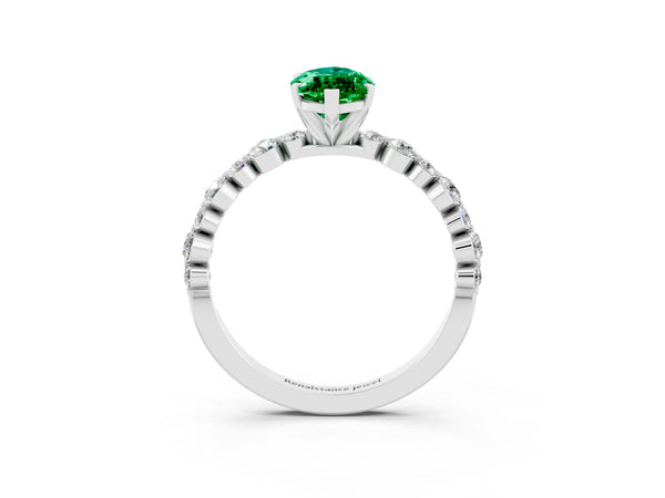 Platinum Marquise Cut Emerald Prong Set Engagement Ring with Pavé Band