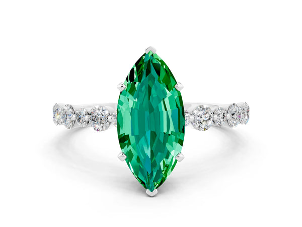 Silver Marquise Cut Emerald Prong Set Engagement Ring with Pavé Band