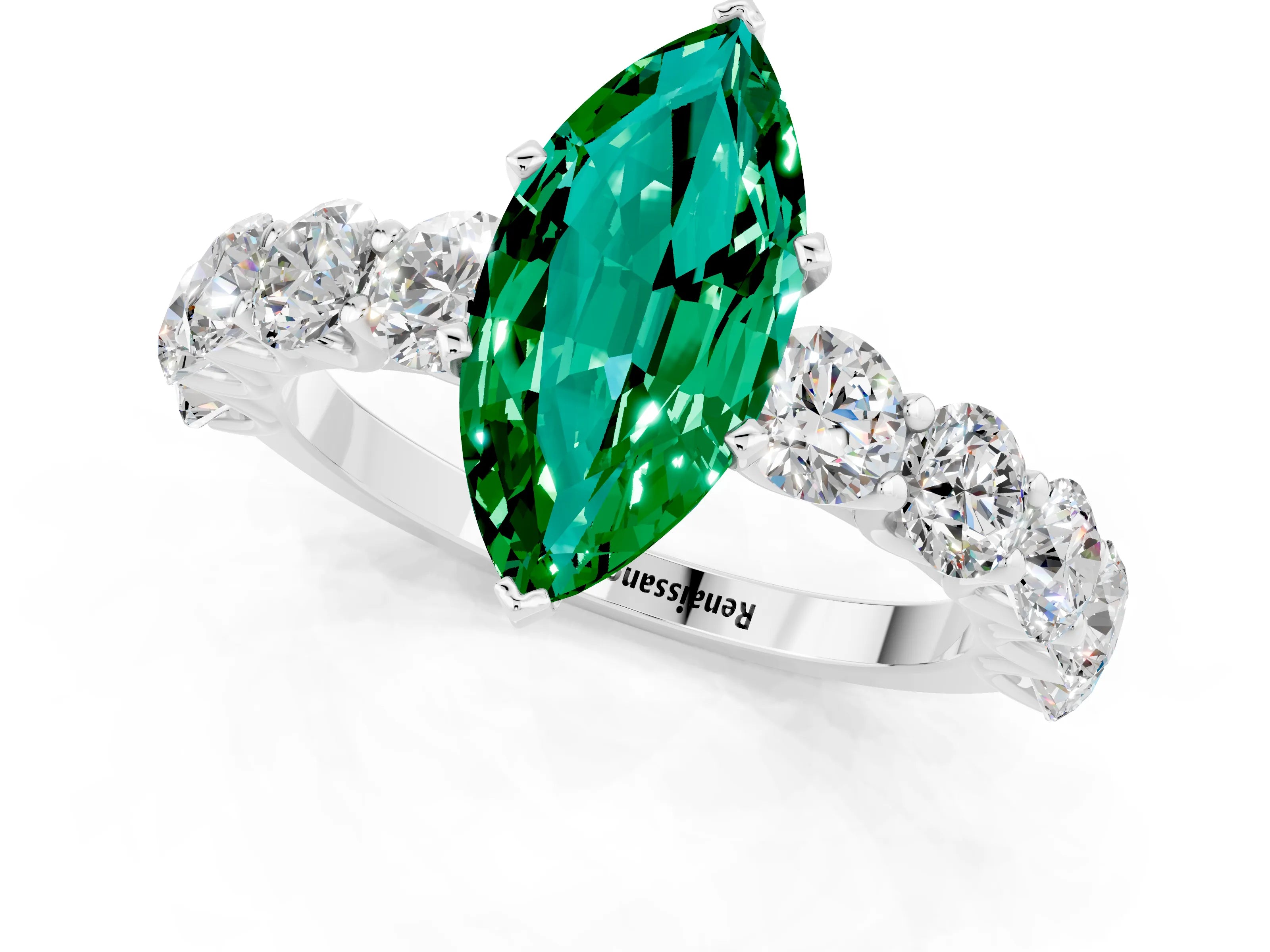 White gold Marquise Cut Emerald Prong Setting with Side Stones on a Pave Band_1