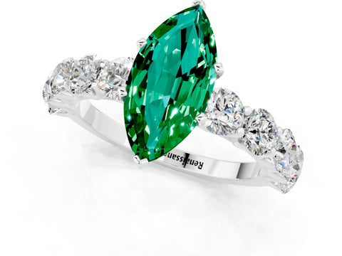 White gold Marquise Cut Emerald Prong Setting with Side Stones on a Pave Band_1