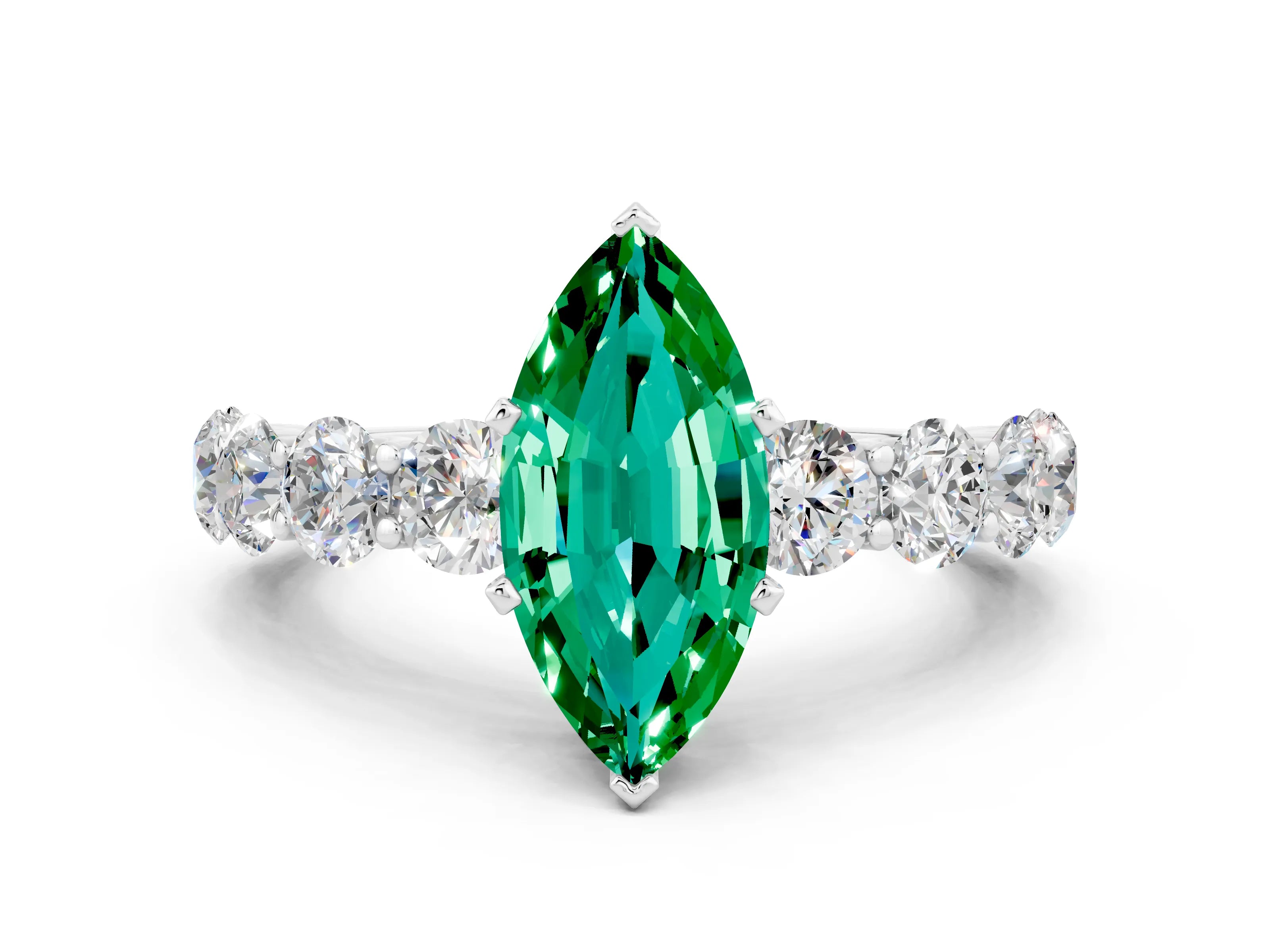 White gold Marquise Cut Emerald Prong Setting with Side Stones on a Pave Band