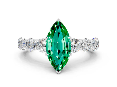 White gold Marquise Cut Emerald Prong Setting with Side Stones on a Pave Band