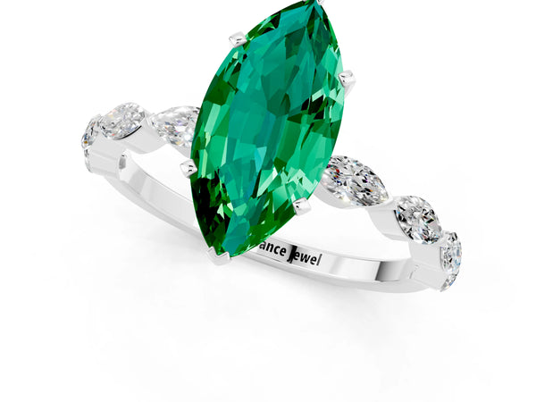 Silver Marquise Cut Emerald Ring with Marquise Side Stones and Prong Setting
