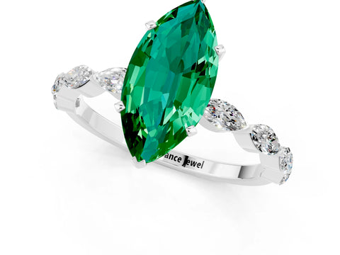White gold Marquise Cut Emerald Ring with Marquise Side Stones and Prong Setting_1