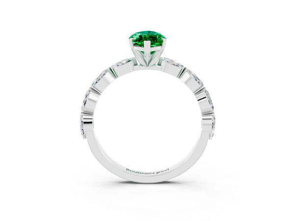 Platinum Marquise Cut Emerald Ring with Marquise Side Stones and Prong Setting