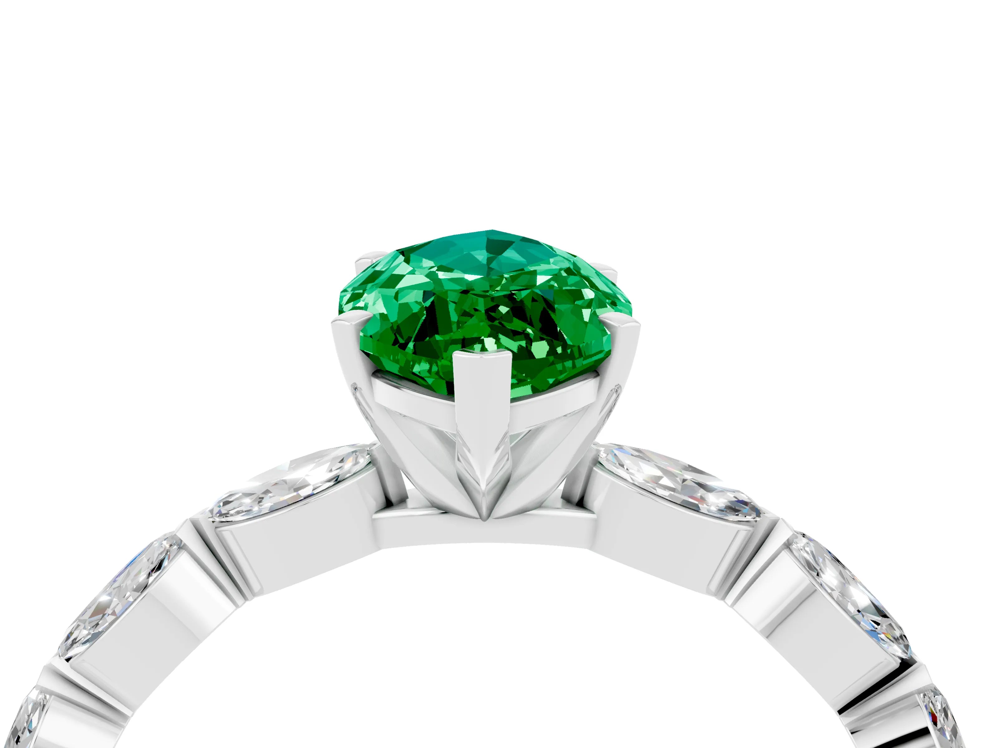 White gold Marquise Cut Emerald Ring with Marquise Side Stones and Prong Setting_4