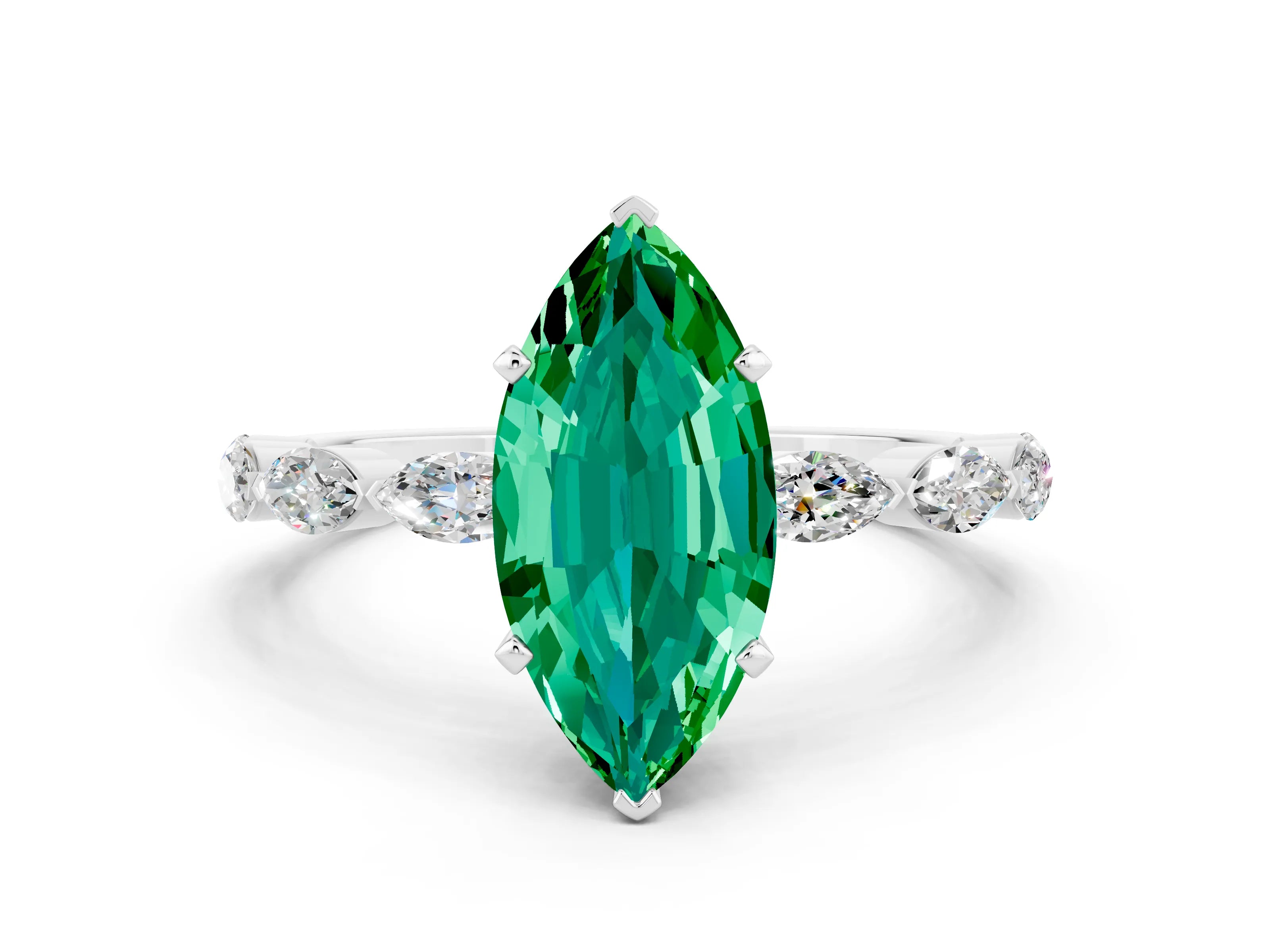 White gold Marquise Cut Emerald Ring with Marquise Side Stones and Prong Setting