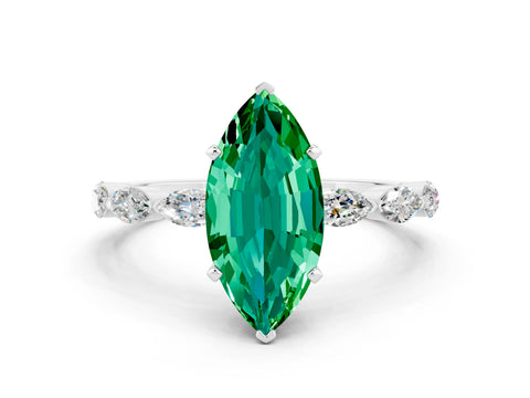 White gold Marquise Cut Emerald Ring with Marquise Side Stones and Prong Setting