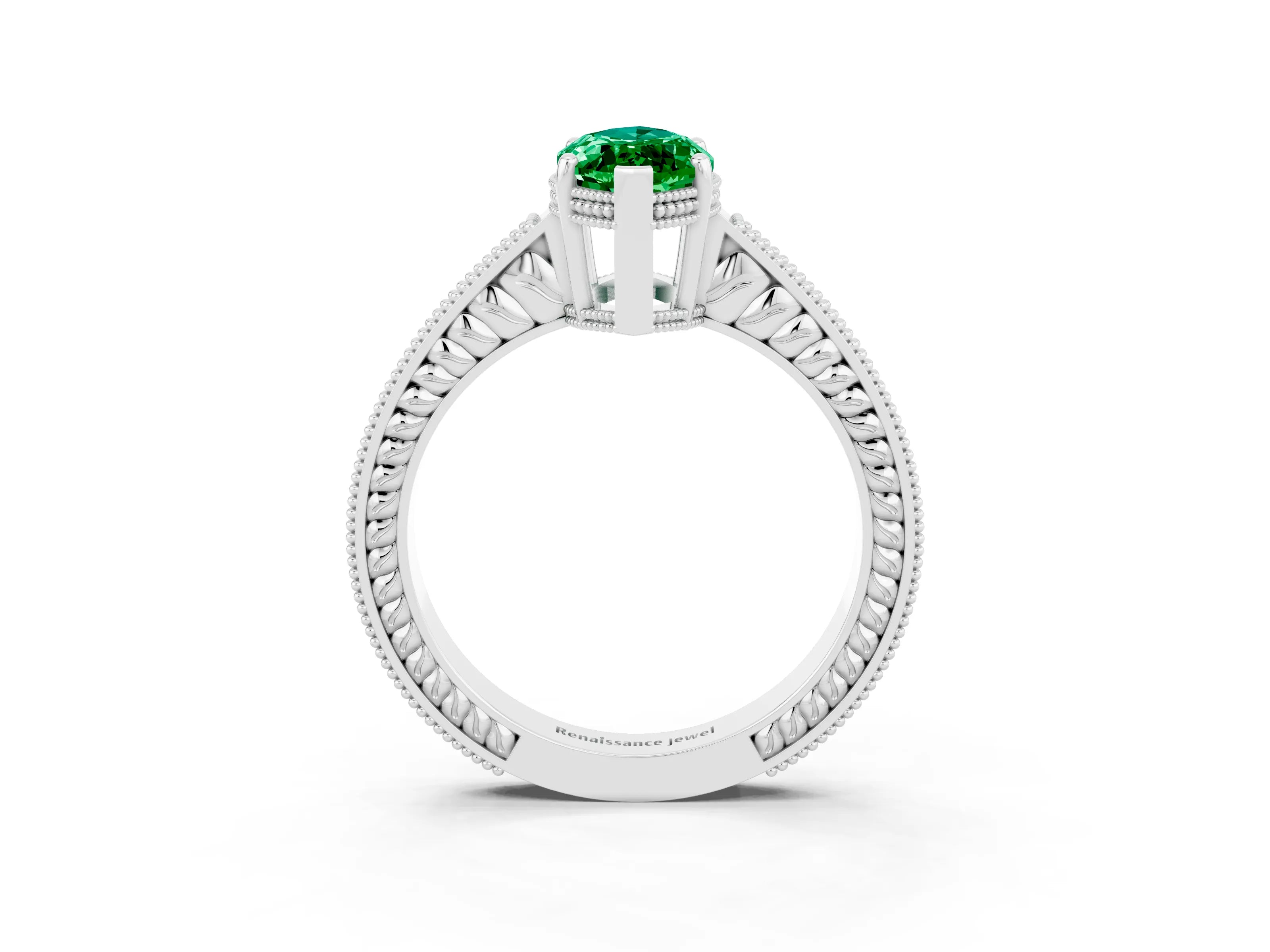 White gold Marquise Cut Emerald Ring with Milgrain Pavé Band and Four-Prong Setting_15