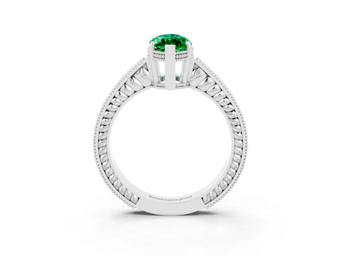 White gold Marquise Cut Emerald Ring with Milgrain Pavé Band and Four-Prong Setting_15