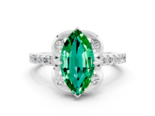 White gold Marquise Cut Emerald Ring with Pavé Band and Floral Prong Setting