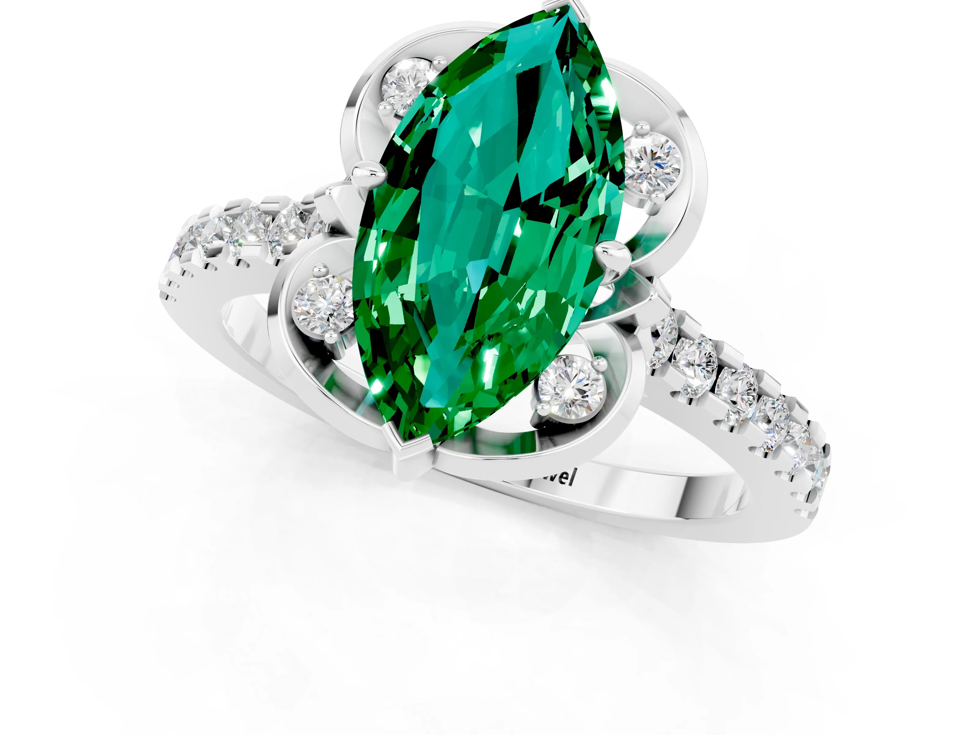 White gold Marquise Cut Emerald Ring with Pavé Band and Floral Prong Setting_1