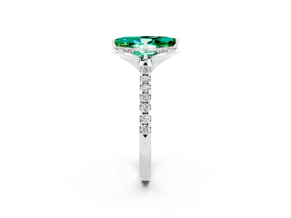 White gold Marquise Cut Emerald Ring with Pavé Band and Floral Prong Setting
