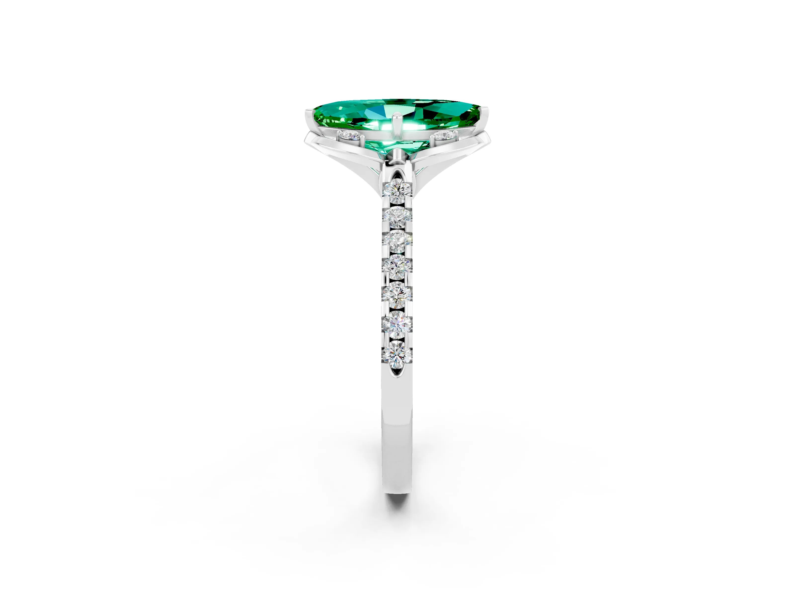 White gold Marquise Cut Emerald Ring with Pavé Band and Floral Prong Setting_2