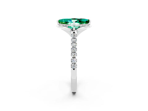 White gold Marquise Cut Emerald Ring with Pavé Band and Floral Prong Setting_2