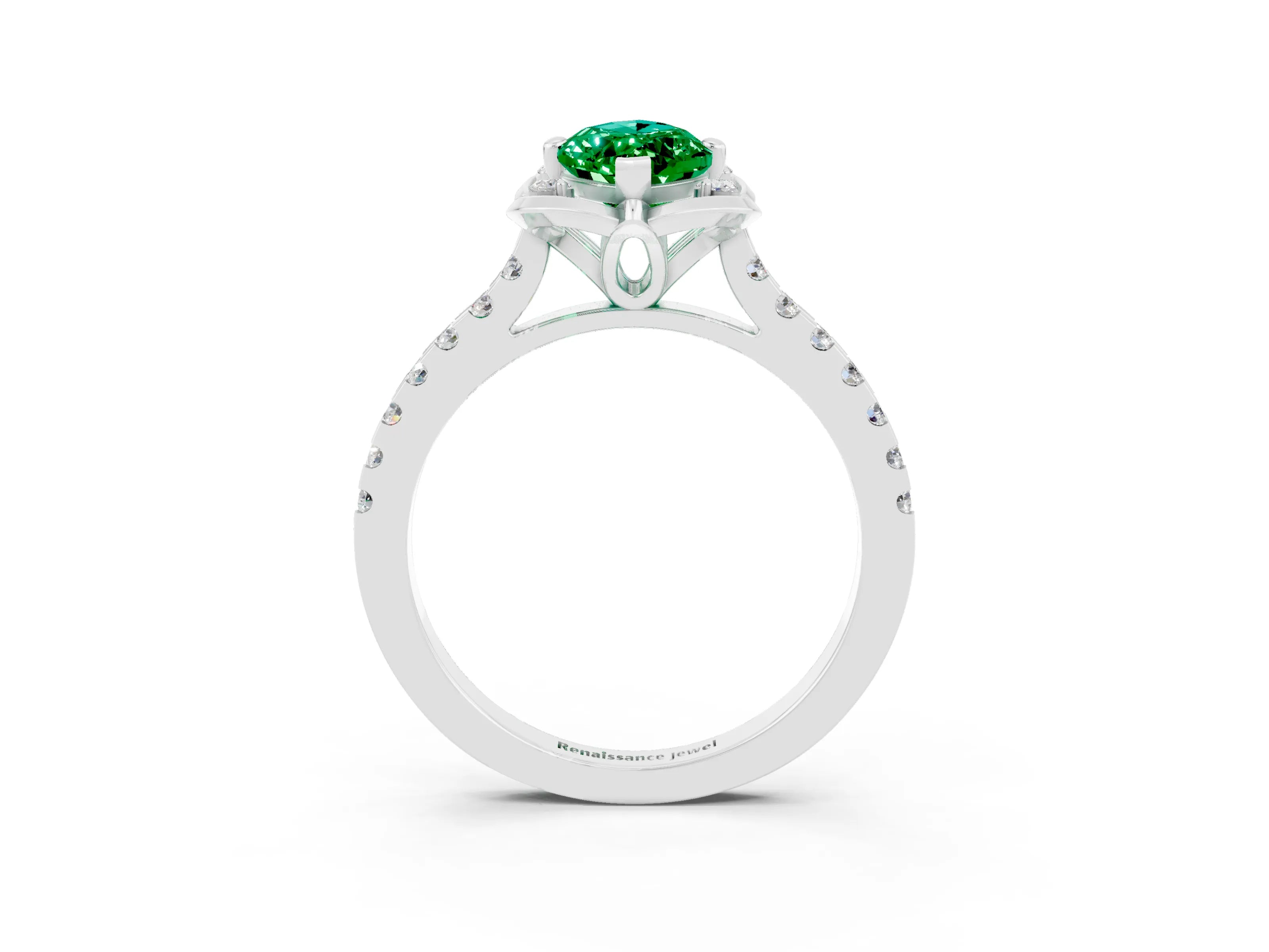 White gold Marquise Cut Emerald Ring with Pavé Band and Floral Prong Setting_3