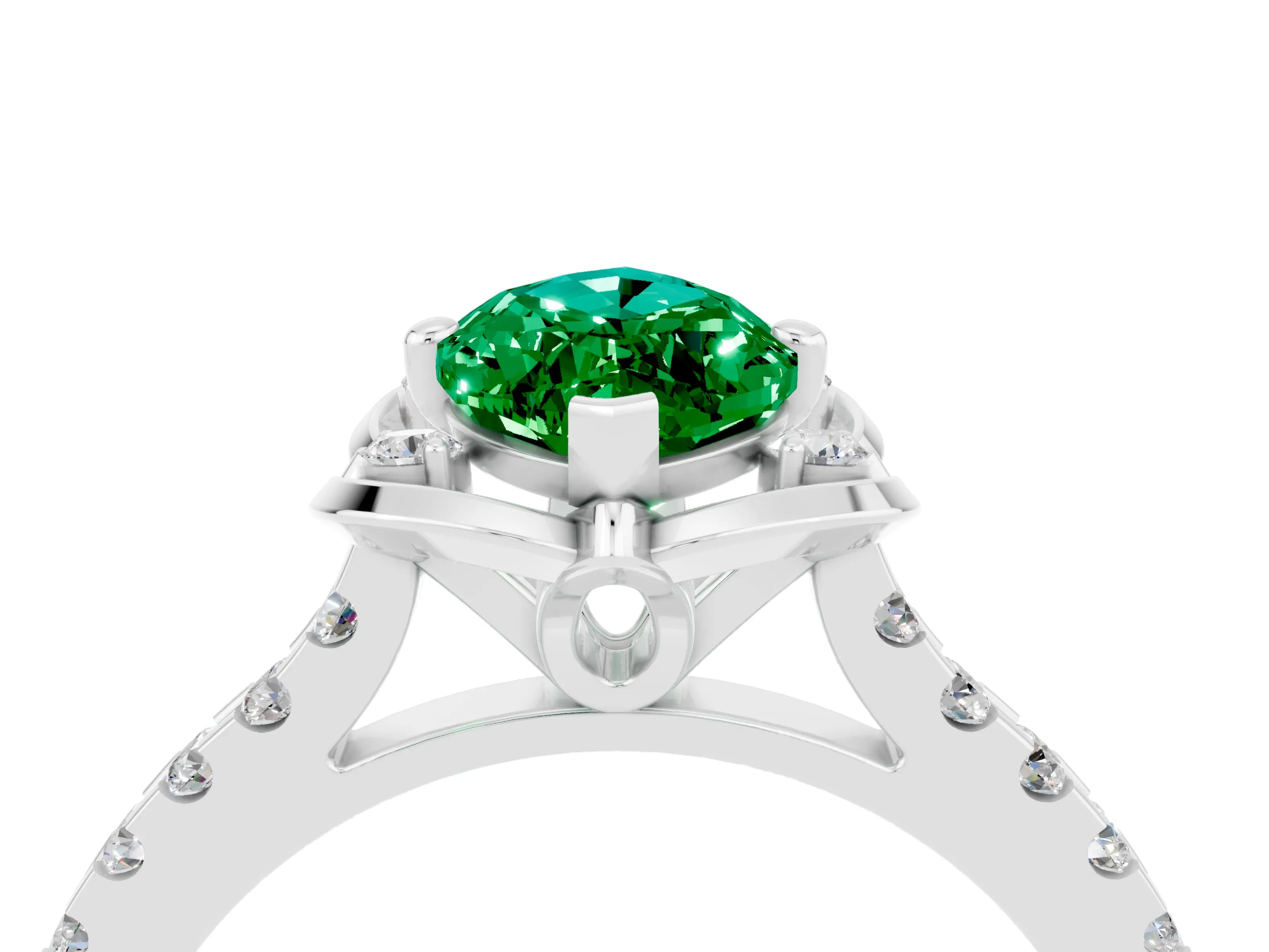 White gold Marquise Cut Emerald Ring with Pavé Band and Floral Prong Setting_4