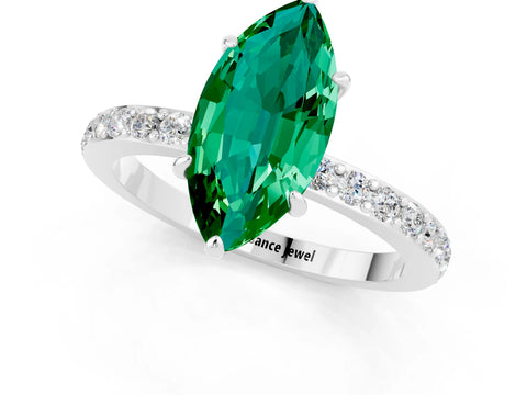 White gold Marquise Cut Emerald Ring with Pavé Band and Four-Prong Setting_1