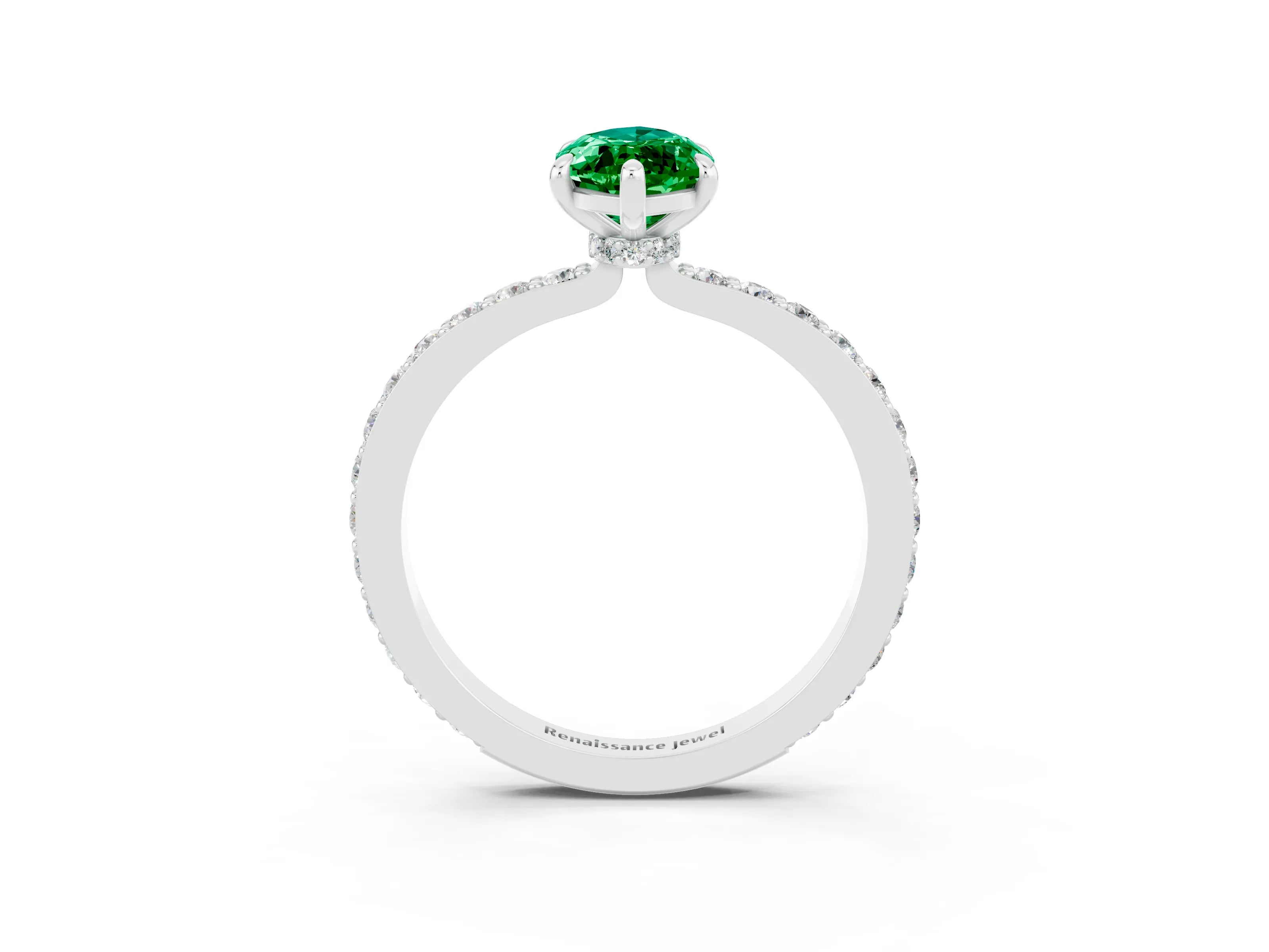 White gold Marquise Cut Emerald Ring with Pavé Band and Four-Prong Setting_3