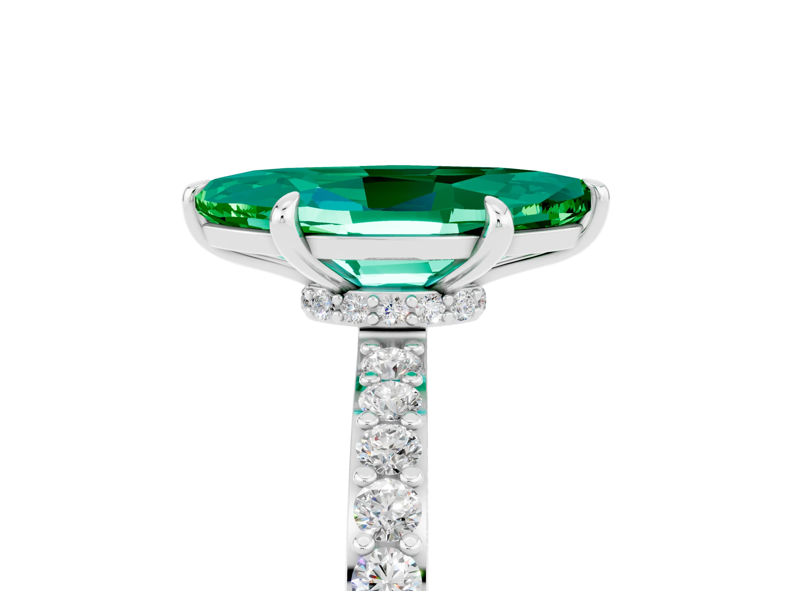 White gold Marquise Cut Emerald Ring with Pavé Band and Four-Prong Setting_5