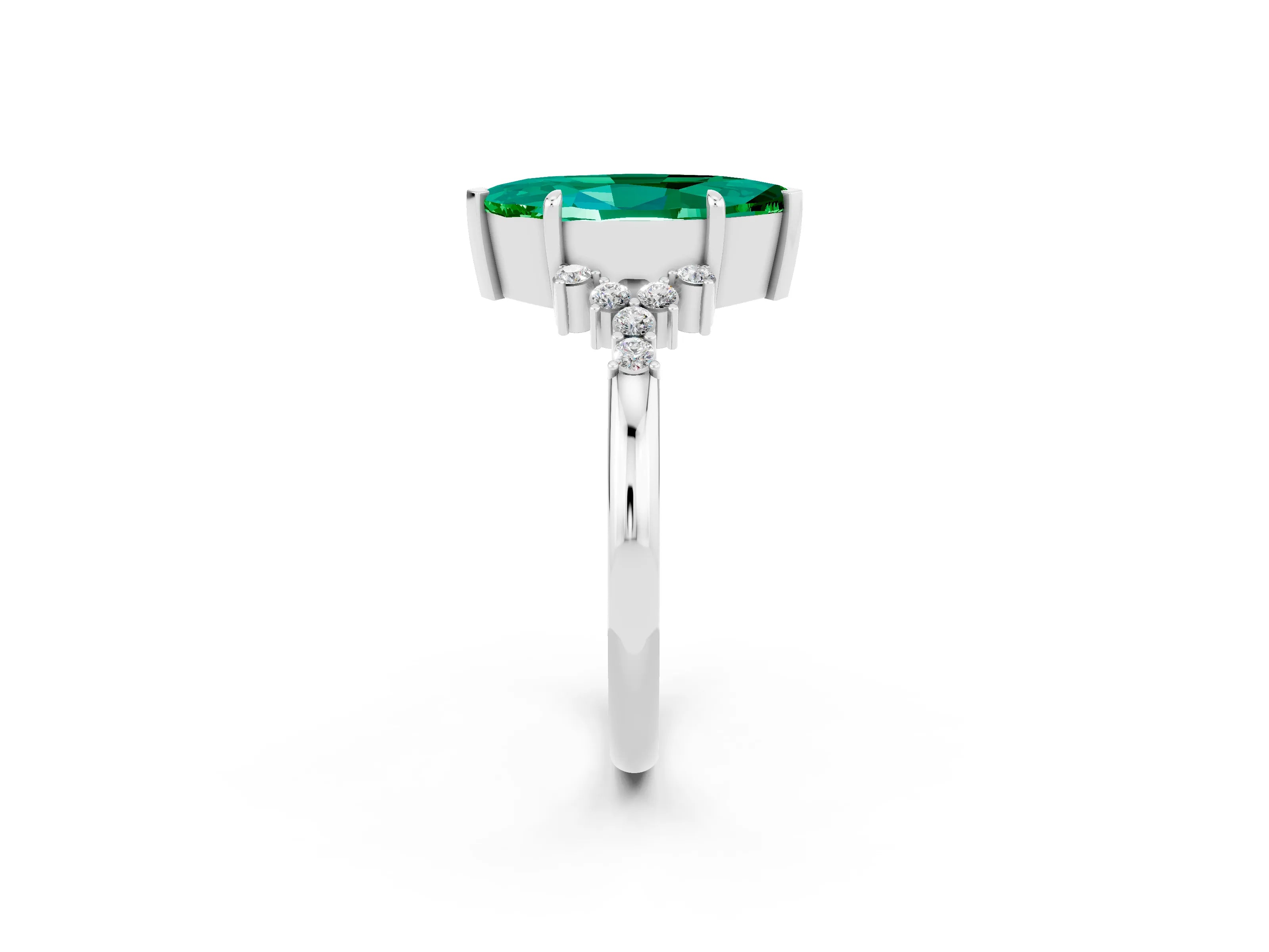 White gold Marquise Cut Emerald Ring with Side Stones and Four-Prong Setting_70