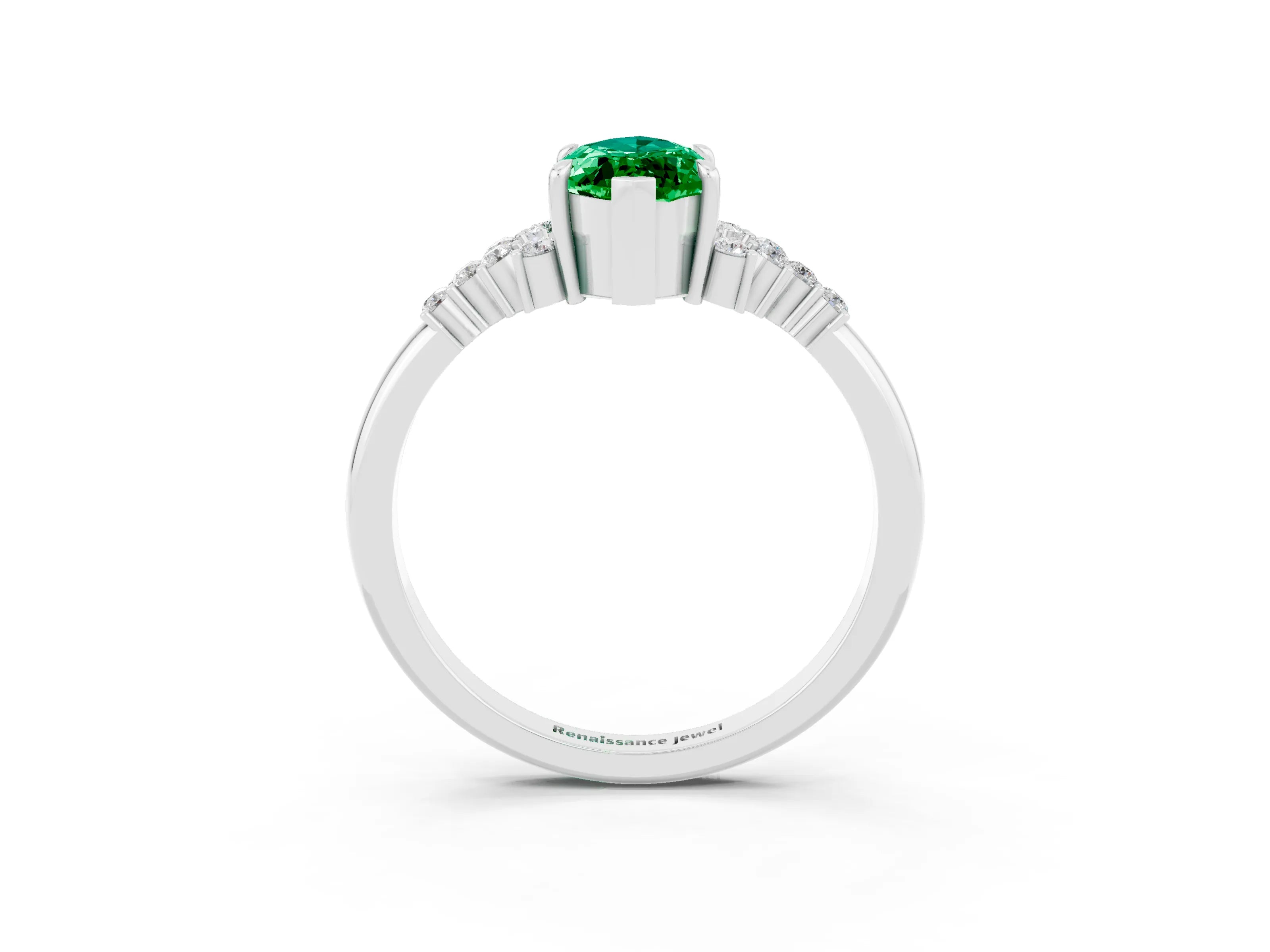 White gold Marquise Cut Emerald Ring with Side Stones and Four-Prong Setting_71