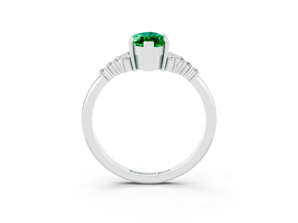 Silver Marquise Cut Emerald Ring with Side Stones and Four-Prong Setting